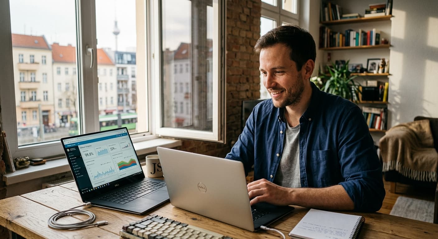 Sales-vezető a laptopja előtt, mellette dashboard-statisztikákat néz